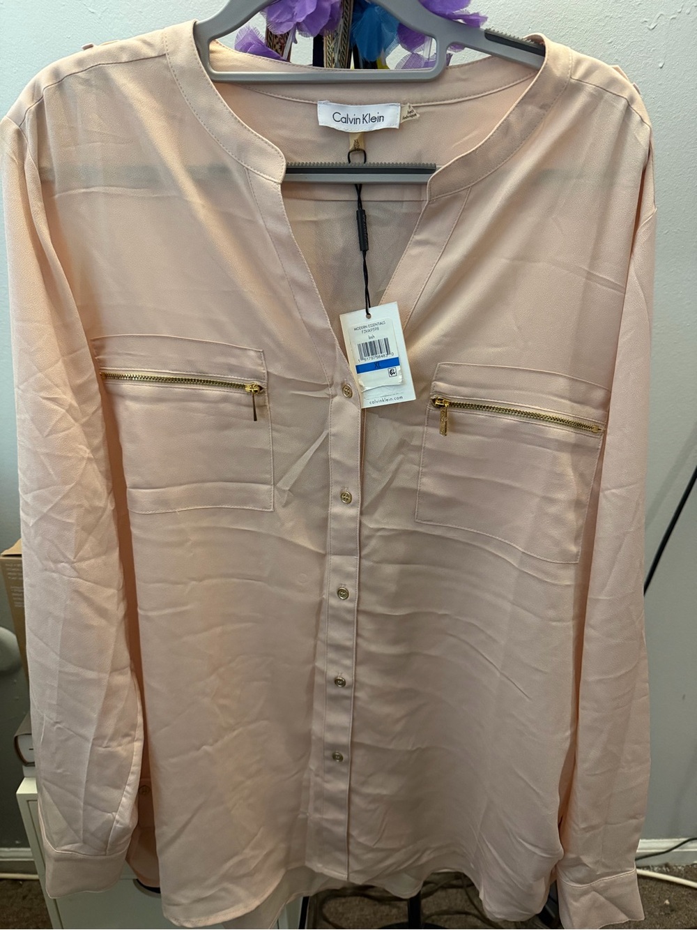 Calvin Klein Blush Pink Long-Sleeve Button Front Blouse